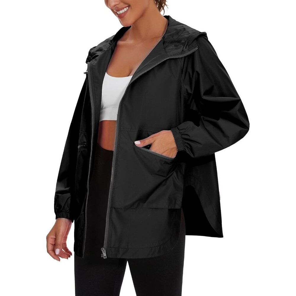 Women's 3x Lightweight Rain Jacket Trench Coat Hooded Windbreaker black